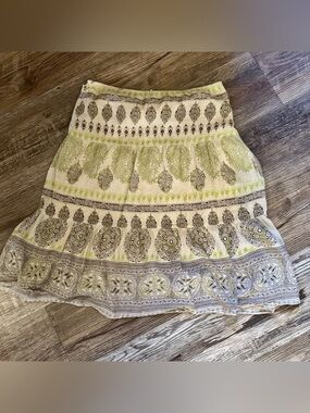 Von Mozart Vintage Boho Skirt Crème with Green & Brown Print Size Medium